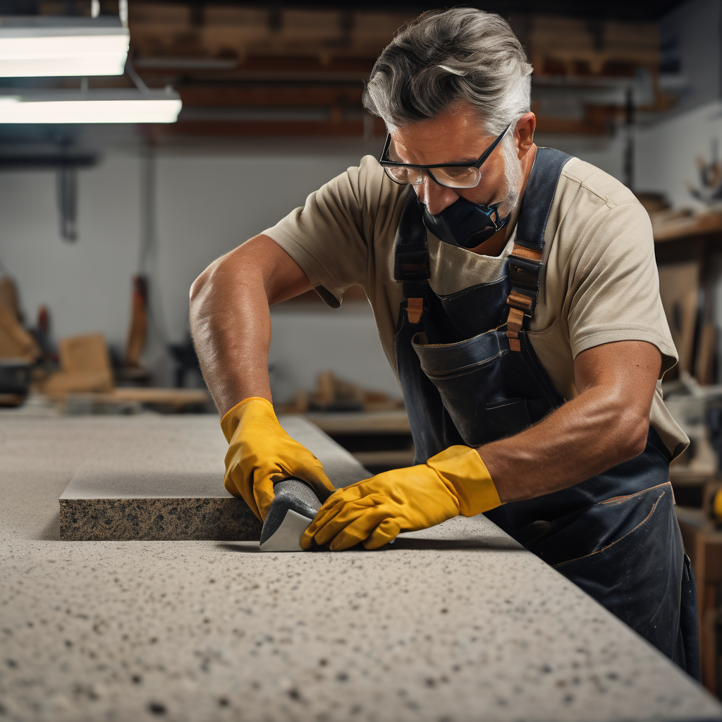 Skilled craftsman carefully polishing granite countertop edge